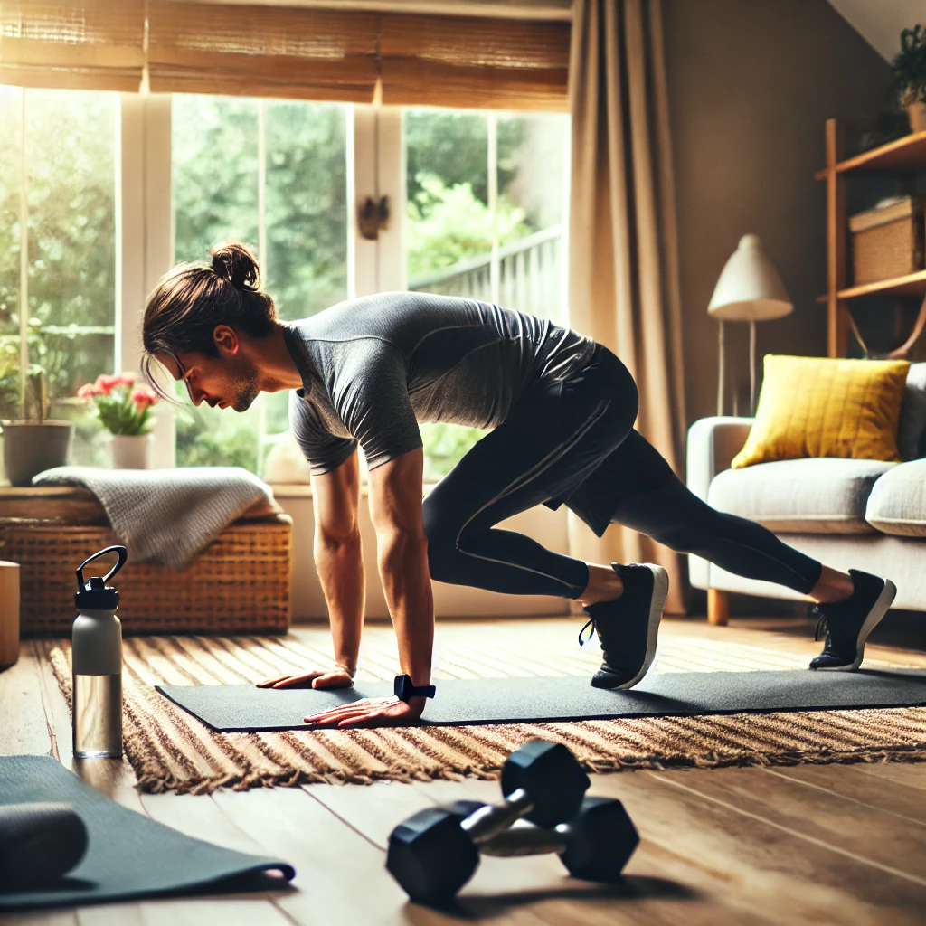 Persona che esegue esercizi a corpo libero in soggiorno, come flessioni e squat, durante un allenamento domestico.