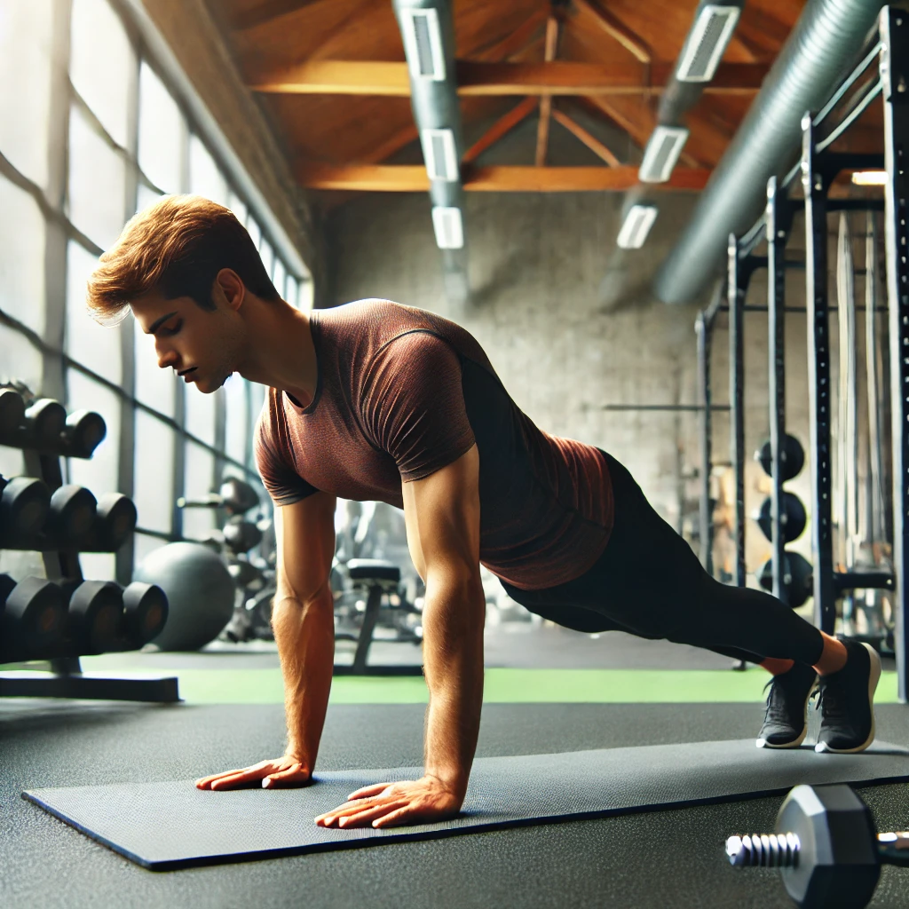 Esercizi Corpo Libero: persona che fa plank in una palestra luminosa.