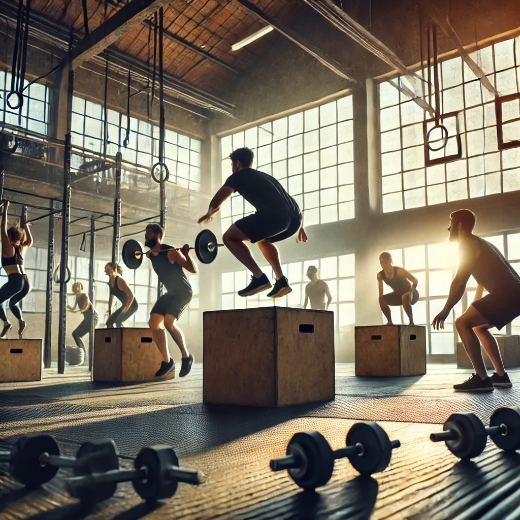 Scena di allenamento funzionale con persone impegnate in box jumps e sollevamento pesi in un ambiente di palestra.